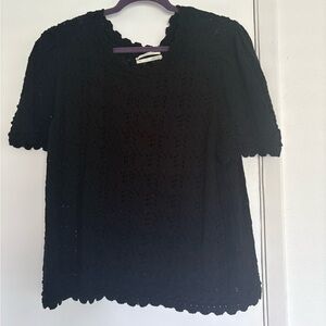 NWOT Anthropologie XL Black Smocked Short Sleeve Knit Light Sweater
